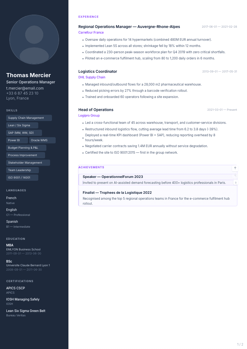 A tailored CV generated by Tailor for a logistics management role